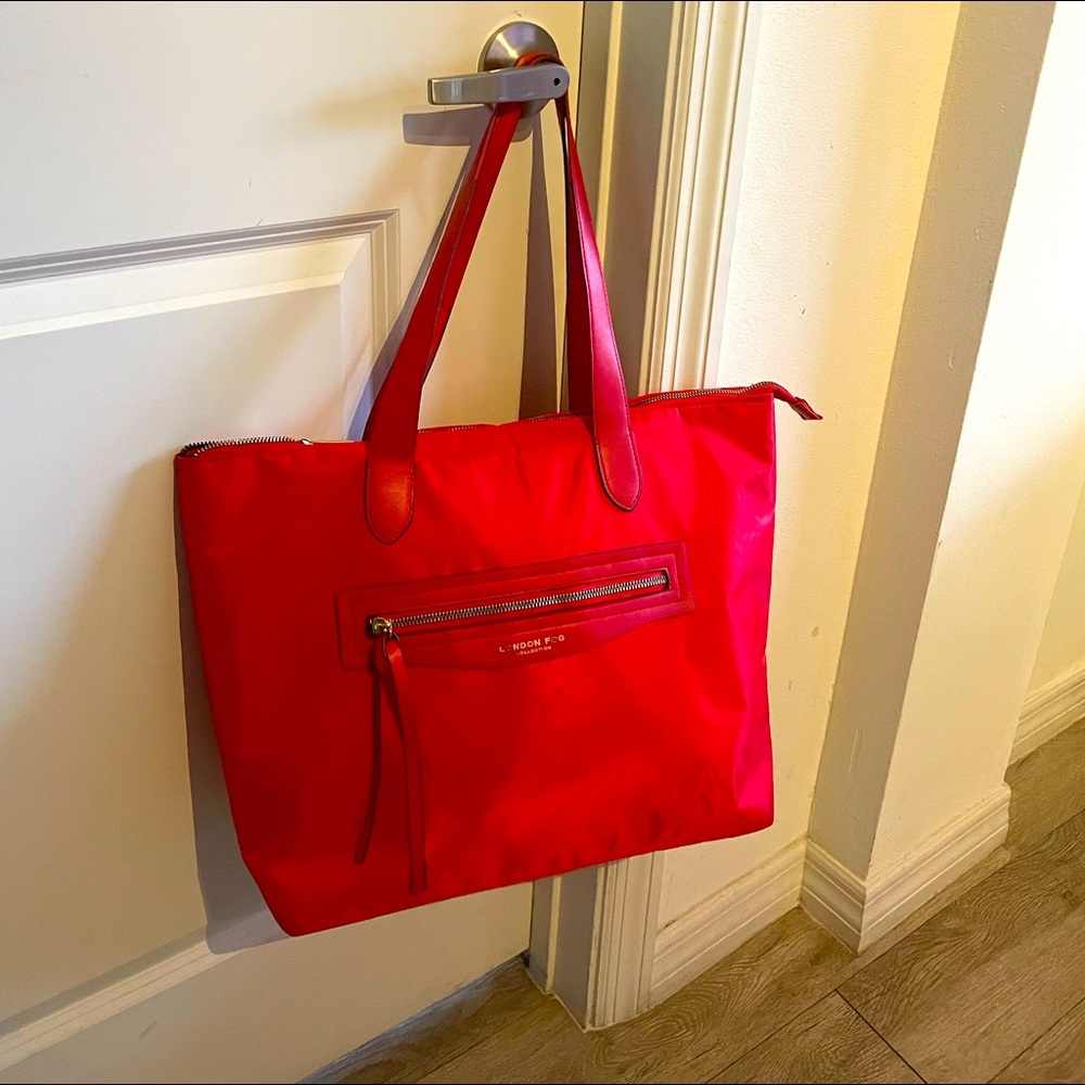 Used London Fog Tote Large Red Canvas leather trim Purse